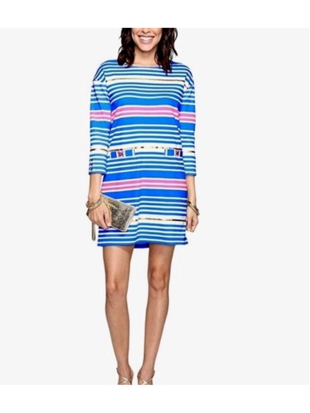 Lilly Pulitzer Lena Lapis Blue Tiki Gold Stripe French Terry Tunic Dress Medium
